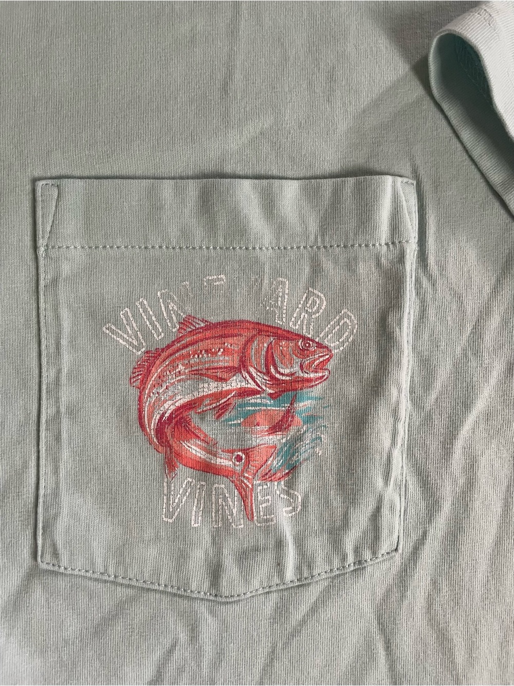 Vineyard Vines Light Green Short Sleeve Pocket Tee with Red Fish Graphic